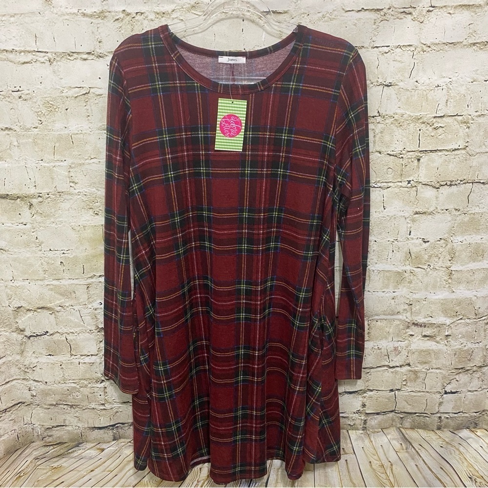 NWT Jodifl Boutique Maroon Green Plaid Long Sleeve T Shirt Dress With Pockets